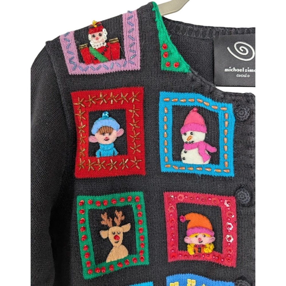 Michael Simon Christmas Cardigan Black M Beaded Window Applique 2001 Y2K - Picture 6 of 10
